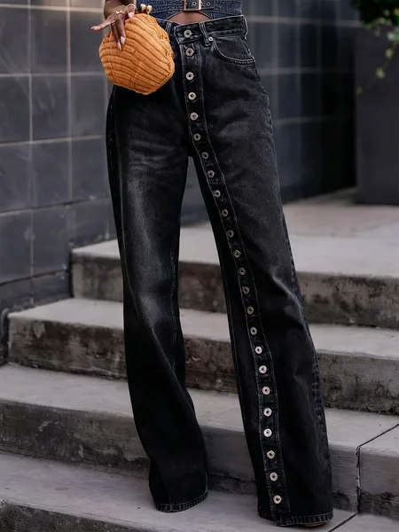 Buckle Detail Straight-Leg Denim Jeans, Jeans, color:Black|size:XS, Stylewe