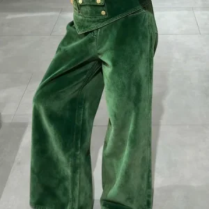 Casual Plain Asymmetric Wide Leg Pants With Belt, Pants, color:Green|size:XXL, Stylewe