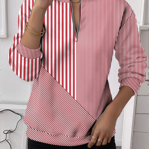 Casual Crew Neck Striped Sweatshirt, Hoodies & Sweatshirts, color:Red|size:XXL, catalog Noracora shop