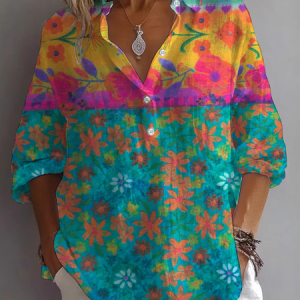 Women Floral Long Sleeve Shirt Spring/Fall Printing Shirt Collar Daily Casual Top, JustFashionNow Shirts, color:Multicolor|size:5XL,