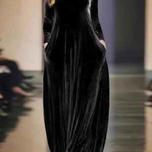 Women Plain Spring/Fall Split Joint Dress Crew Neck Long Sleeve Velvet A-Line Dress, Dresses, color:Black|size:XXL, catalog Noracora shop