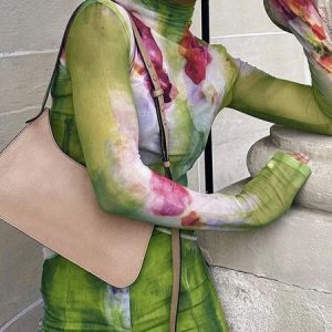 Elegant Floral Printing Turtleneck T-shirt, Tees, color:Green|size:XXL, Stylewe