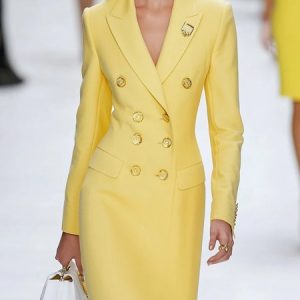 Urban Plain Buttoned Lapel Collar Knee Length Dress, Midi Dresses, color:Yellow|size:XXL, Stylewe