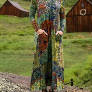 Women Geometric Summer Dress Crew Neck Long Sleeve H-Line Dress, Dresses, color:Dark Green|size:XL, catalog Noracora shop