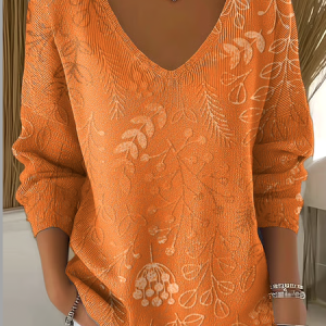 Women Floral Spring/Fall Casual Long Sleeve V Neck Cotton Sweater, JustFashionNow Sweaters, color:Orange|size:4XL,