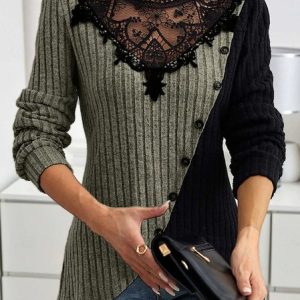 Slim Fit Lace Round Neck Color Matching Ribbed Cross Hem Long Sleeve Knitted Elegant Commuter T-Shirt Top, Sweaters, color:Army Green|size:5XL, catalog Noracora shop