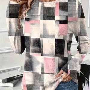 Casual Abstract Crew Neck Long Sleeve T-shirt, T-shirts, color:pink-gray|size:XXL, catalog Noracora shop