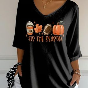 Vintage Pumpkin Pattern Crew Neck Three Quarter Sleeve T-shirt, T-shirts, color:Black|size:5XL, catalog Noracora shop