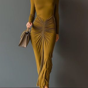 Urban Plain Ruched Stand Collar Maxi Dress, Maxi Dresses, color:Yellow|size:XXL, Stylewe