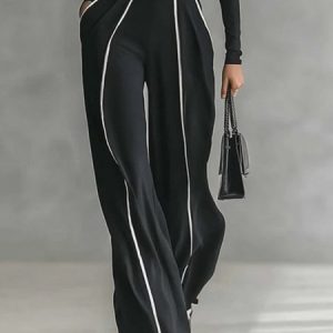 Plus Size Casual Color Block Piping Straight Pants, Plus Pants, color:Black|size:4X, Stylewe