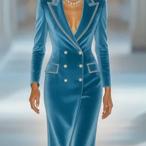 Elegant Plain Velvet Binding Lapel Collar Blazer Dress, Midi Dresses, color:Blue|size:XXL, Stylewe