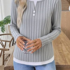 Casual Plain V Neck Long Sleeve T-shirt, T-shirts, color:Light Gray|size:XXL, catalog Noracora shop
