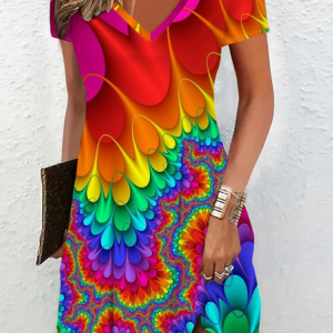 Women Abstract Short Sleeve Summer Dress V Neck Daily Casual Midi Fit & Flare Dress A-Line Dress, JustFashionNow Casual Dresses, color:As Picture|size:XXL,