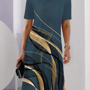 Women Abstract Short Sleeve Summer Printing Dress Crew Neck Daily Vintage Midi Tunic H-Line Dress, JustFashionNow Casual Dresses, color:Deep Blue|size:5XL,