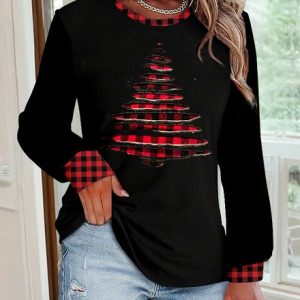 Casual Christmas Crew Neck Color Block Sweatshirt, Hoodies & Sweatshirts, color:Black|size:4XL, catalog Noracora shop