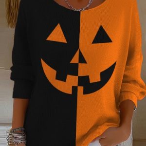 Casual Geometric V Neck Long Sleeve T-shirt, T-shirts, color:Orange|size:S, catalog Noracora shop