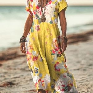 Women Floral Summer Dress V Neck Short Sleeve A-Line Dress, Dresses, color:Yellow|size:4XL, catalog Noracora shop