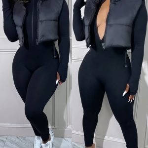 Stand Collar Long Sleeve Zipper Front Skinny Jumpsuit with Thumb Hole Cuffs, women Jumpsuits, ChicMe catalog