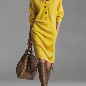 Urban Cozy Buttoned Shawl Collar Sweater Midi Dress, Midi Dresses, color:Yellow|size:XXL, Stylewe
