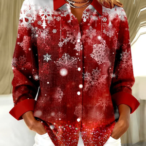 Women Christmas Long Sleeve Shirt Spring/Fall Buckle Shirt Collar Regular Sleeve Daily Casual Top, JustFashionNow Shirts, color:Red|size:XXL,