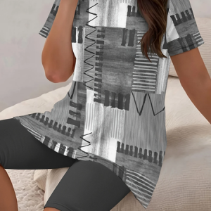 Women Abstract Printing Two-Piece Set Daily Short Sleeve Casual Summer Top With Pants Matching Set, JustFashionNow Suit Set, color:Gray|size:XXL,
