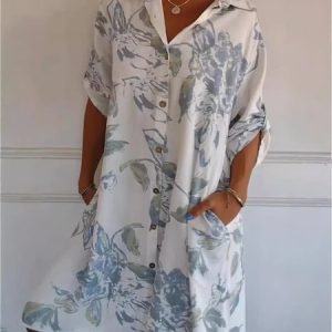 Women Floral Half Sleeve Summer Printing Dress Stand Collar Daily Vintage Midi Tank A-Line Dress, JustFashionNow Dresses, color:White|size:5XL,