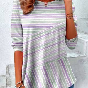 Vintage Plaid Crew Neck Long Sleeve T-shirt, T-shirts, color:lavender|size:4XL, catalog Noracora shop