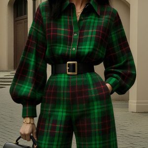 Urban Plaid Printing Shirt Collar Shirt, Blouses and Shirts, color:Green|size:XXL, Stylewe