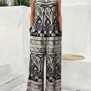Women Geometric Long Pants Vintage Spring/Fall Trousers, Jumpsuits&Rompers, color:White|size:XXL, catalog Noracora shop