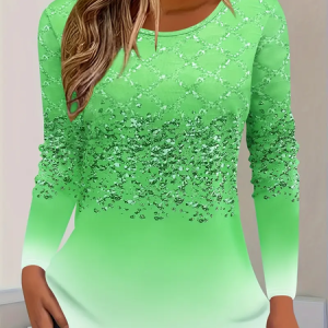 Women Abstract Long Sleeve Tee T-shirt Crew Neck Printing Casual Spring/Fall Graphic Tee Top, JustFashionNow T-Shirts, color:Green|size:XXL,