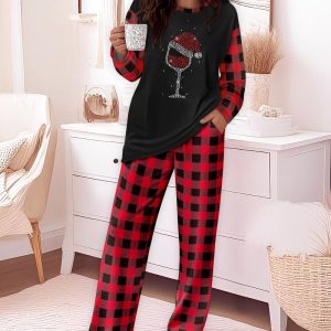 2 Pieces Outfit Rhinestone Christmas Santa Hat & Wine Glass Graphic Plaid Print Spliced Colorblock Long Sleeve Top and Plaid Print Elastic Waist Pants Set Casual Pajamas Set, women Pajamas Sets, ChicMe catalog