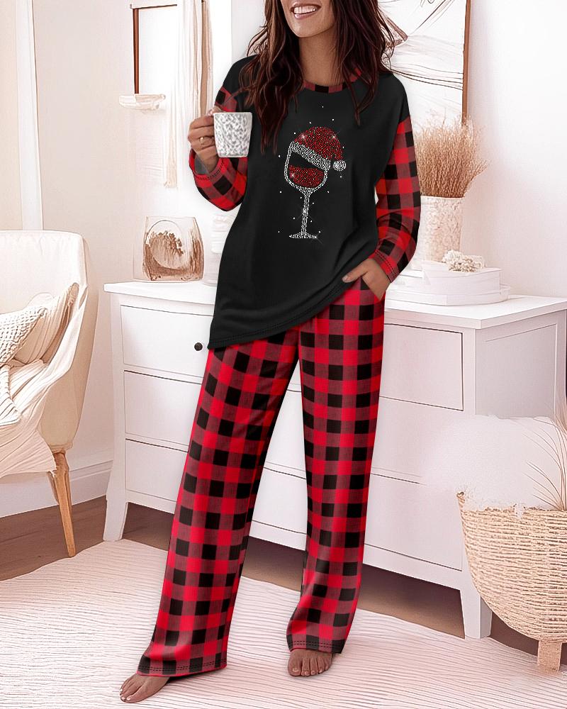 2 Pieces Outfit Rhinestone Christmas Santa Hat & Wine Glass Graphic Plaid Print Spliced Colorblock Long Sleeve Top and Plaid Print Elastic Waist Pants Set Casual Pajamas Set, women Pajamas Sets, ChicMe catalog