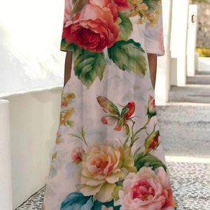 Women Floral Half Sleeve Summer Printing Dress Crew Neck Daily Casual Maxi A-Line Dress, JustFashionNow Casual Dresses, color:As Picture|size:5XL,
