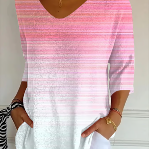 Casual Abstract Stripes V Neck Three Quarter Sleeve T-shirt, T-shirts, color:Pink|size:5XL, catalog Noracora shop