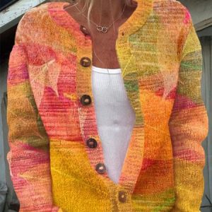 Women Knitted Geometric Long Sleeve Comfy Vintage Cardigan, Sweaters, color:Orange|size:5XL, catalog Noracora shop