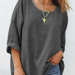 Women Plain Three Quarter Sleeve Tee T-shirt Crew Neck Casual Spring/Fall Top, JustFashionNow T-Shirts, color:Gray|size:5XL,