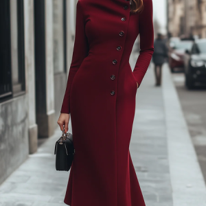 Elegant Plain Buttoned Mock Neck Midi Dress, Midi Dresses, color:Wine Red|size:XXL, Stylewe