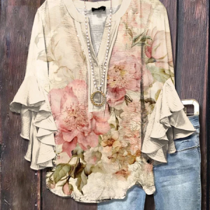 V Neck Half Sleeve Floral Printing Regular Loose Shirt For Women, Blouses, color:Apricot|size:4XL, catalog Noracora shop