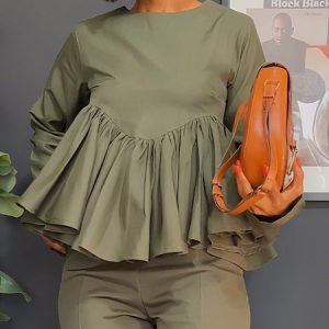 Casual Plain Ruched Crew Neck Blouse, Blouses and Shirts, color:As Picture|size:XXL, Stylewe