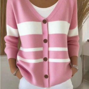 Women Cotton Colorblock Long Sleeve Comfy Casual Cardigan, Cardigans, color:Pink-white|size:4XL, catalog Noracora shop