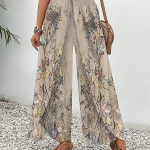 Casual Floral Art Print Long Scramble Loose Comfy Pants, Pants, color:Apricot|size:XXL, catalog Noracora shop