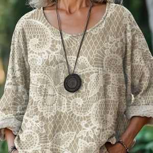 Women Floral Three Quarter Sleeve Tee T-shirt Crew Neck Printing Casual Spring/Fall Top, JustFashionNow T-Shirts, color:Khaki|size:4XL,