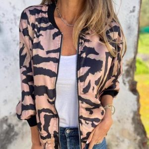 Women Spring/Fall Outerwear Vintage Printing Leopard Long Sleeve Stand Collar Jacket, JustFashionNow Jackets, color:Pink|size:4XL,