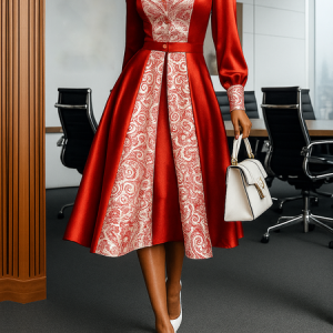 Elegant Color Block Printing Shirt Collar Midi Dress, Midi Dresses, color:Red|size:XXL, Stylewe