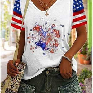 Casual America Flag V Neck Short Sleeve T-shirt, T-shirts, color:White|size:XXL, catalog Noracora shop