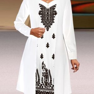 Women Geometric Spring/Fall Dress V Neck Long Sleeve A-Line Dress, Midi, color:White|size:XXL, catalog Noracora shop