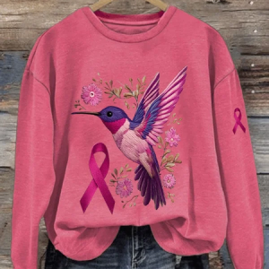 Women Pink Ribbon Floral Crew Neck Printing Casual Spring/Fall Long Sleeve Sweatshirt, JustFashionNow Sweatshirts & Hoodies, color:Deep Pink|size:XXL,