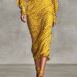Urban Polka Dots Midi Skirt, Skirts, color:Yellow|size:XXL, Stylewe