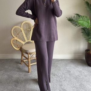 Women Plain Split Joint Two-Piece Set Daily Long Sleeve Casual Spring/Fall Top With Pants Matching Set, Sets, color:Purple|size:5XL, catalog Noracora shop