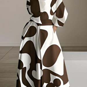 Plus Size Urban Color Block Printing Shirt Collar Midi Dress With Belt, Plus Dresses, color:As Picture|size:4X, Stylewe